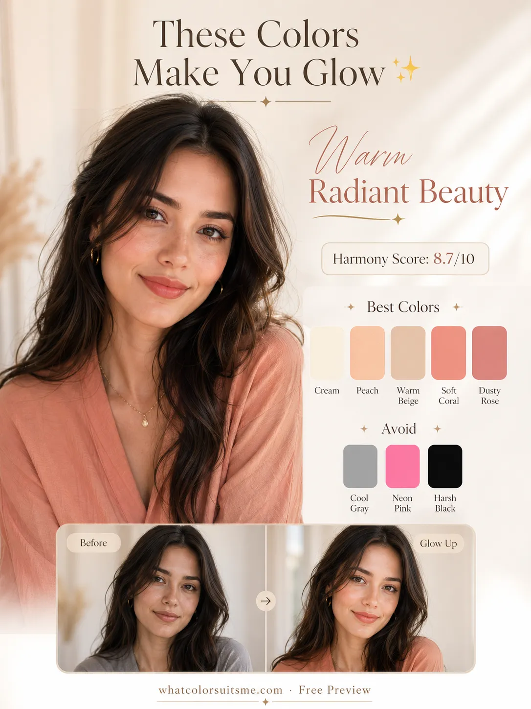 Shareable Glow Card AI color analysis result with best colors palette and glow up before after preview
