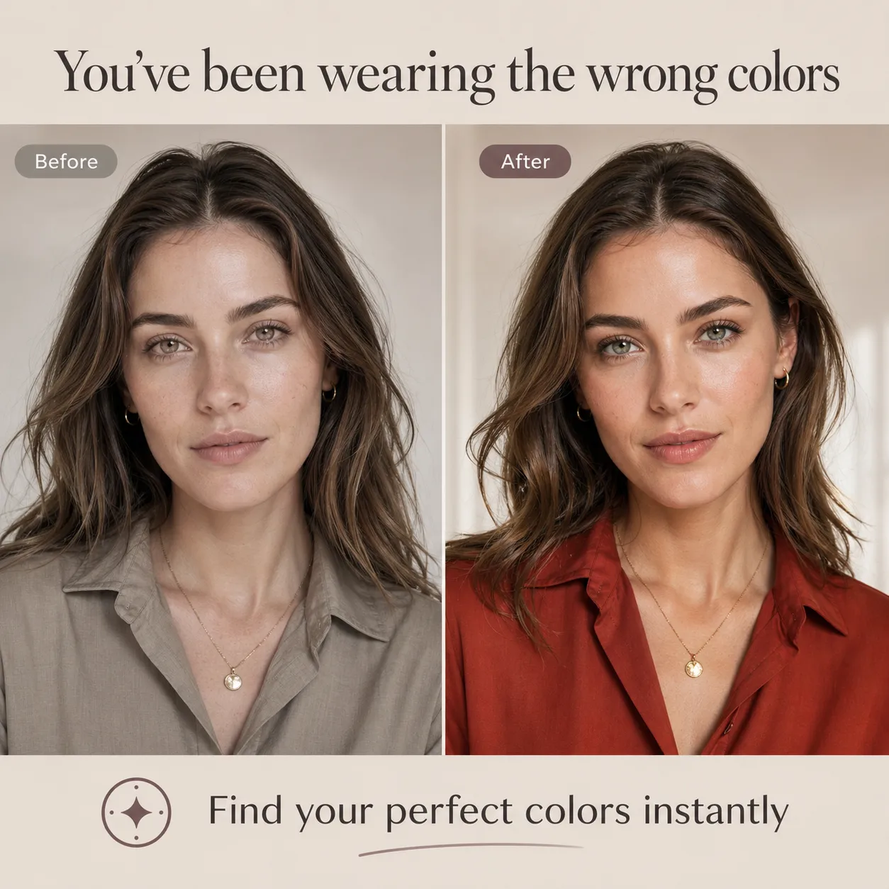 before and after comparison showing what color looks best on me using AI color analysis